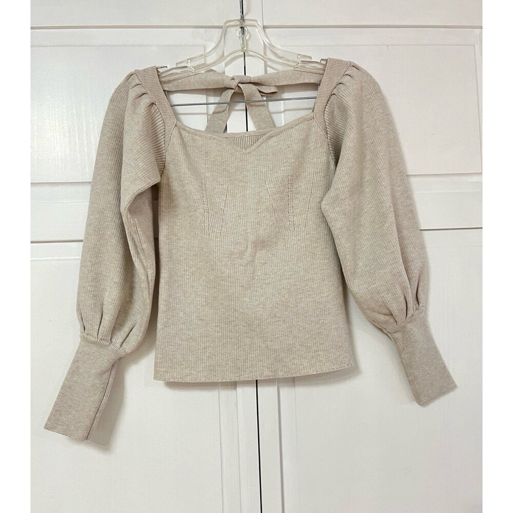 Sweetheart Knit Top Oatmeal Beige Puff Sleeve Back Bow Tie Size Small